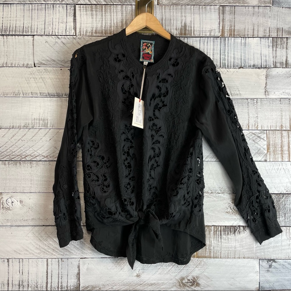 Johnny Was Top black eyelet long sleeve top size XS